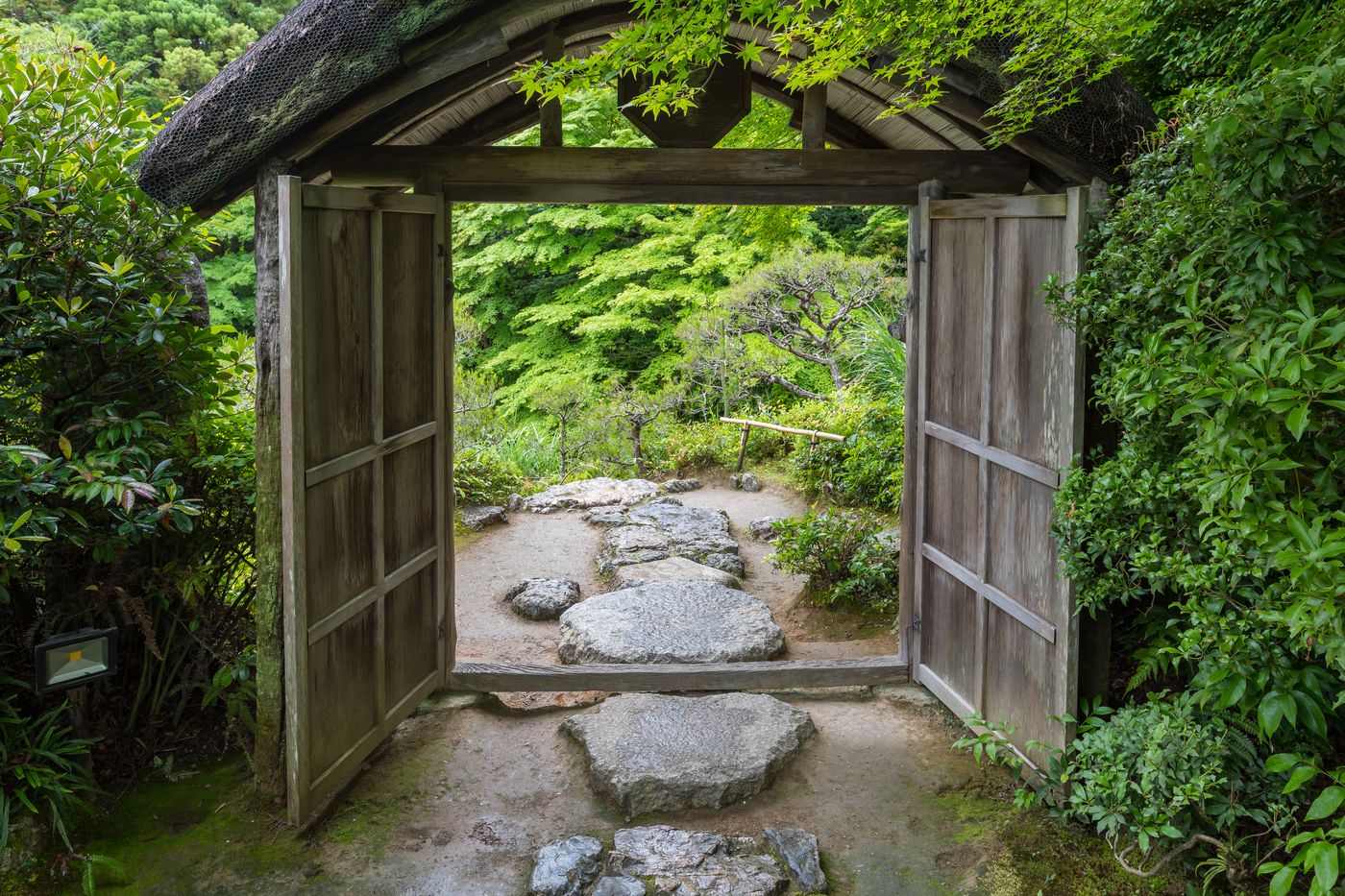 Wooden gate opening onto a Japanese garden