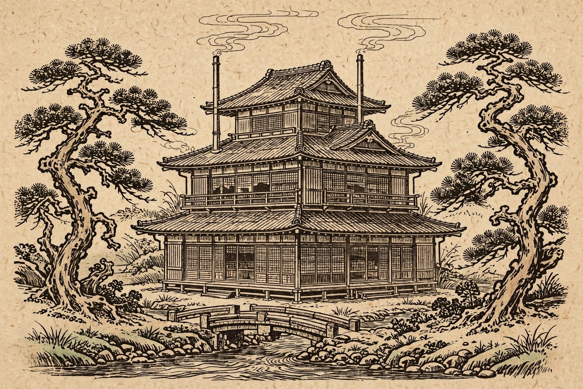 Original woodblock-style illustration of a fictional ryokan inn